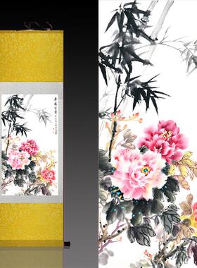 安富贵家居装饰画丝绸画卷轴画国画牡丹d竹子花鸟字画酒店装饰画