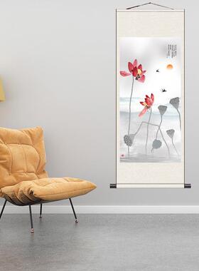 水画花鸟画丝绸卷轴挂画客厅装饰画玄K关壁画定制招财画水墨荷花