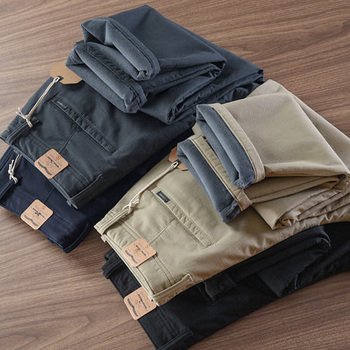 秋冬加绒加厚保暖小直筒休闲裤男暗格纹防风Chino软壳工装长裤子 - 图0