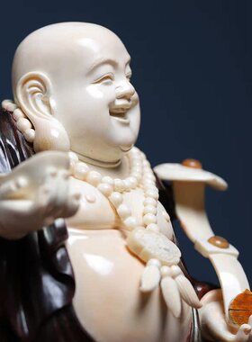 招财进宝印度小叶紫檀镶嵌猛犸象牙雕弥勒佛工艺品摆件收藏送礼