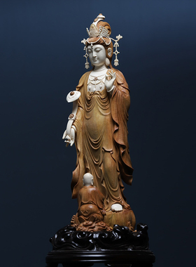 老山檀香镶嵌猛犸牙工艺品摆件【童子拜观音】大师级清刀收藏送礼