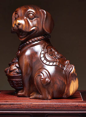 黑檀木聚宝盆旺财狗摆件复古高档