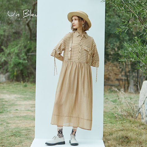 unbleu连衣裙夏季女法式原创显瘦设计感小众女装复古格纹仙女长裙 - 图0