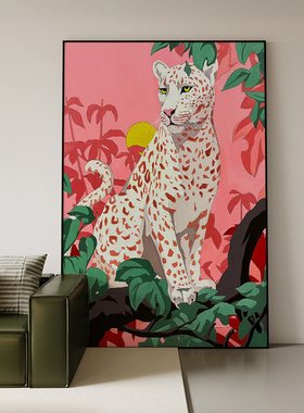 现代中古风绿色植物动物粉色金钱豹高级感手绘油画玄关客厅装饰画