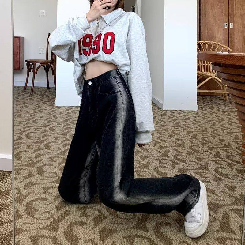 直筒裤子女黑色加绒装秋冬新款复古牛仔裤设计感高腰宽松阔腿长裤,淘宝优惠券,粉丝福利购,淘宝优惠卷