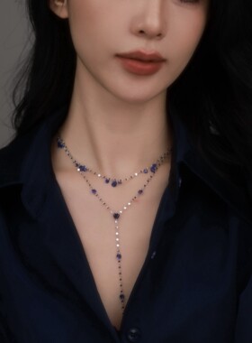 S925银项链 蓝珀 简约气质蓝色双层流苏项链女百搭锁骨链送礼