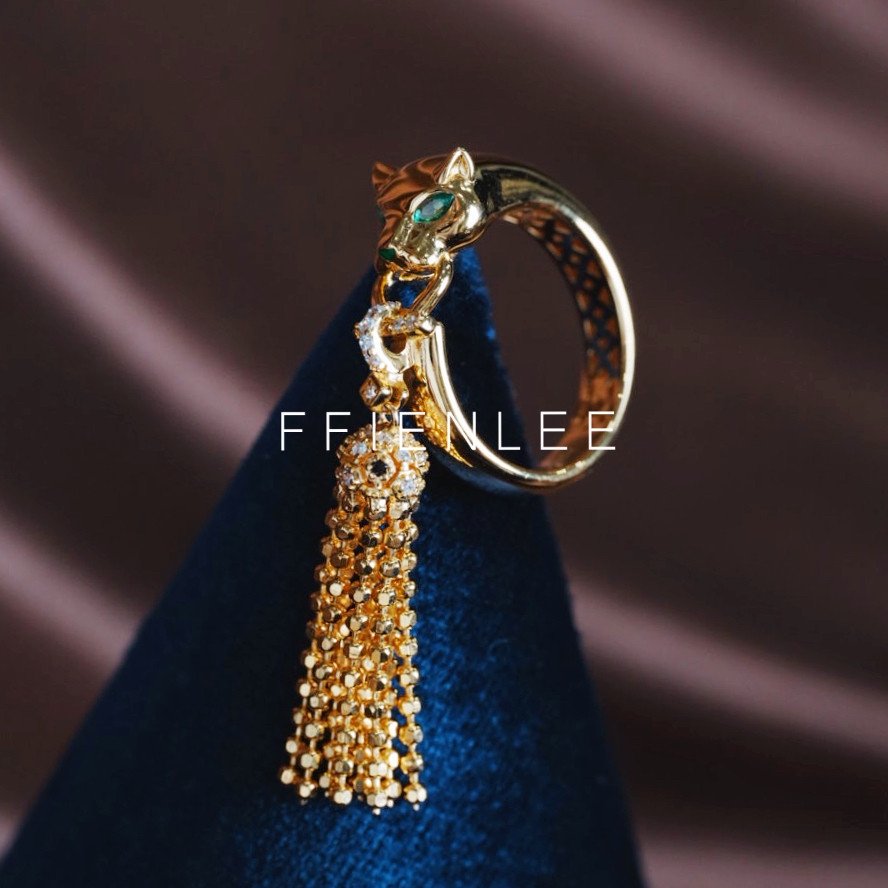 S925 silver gold-plated fog leopard light luxury niche leopard head tassel ring women's fashionable temperament ring