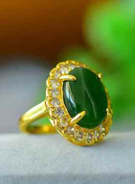 镶嵌碧玉白玉蛋面活口轻奢戒指