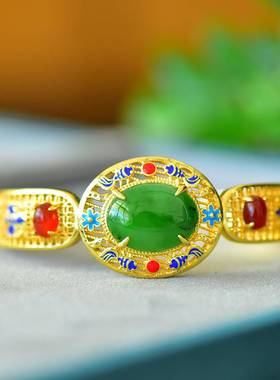 铜镶嵌和田玉碧玉双鱼珐琅手镯