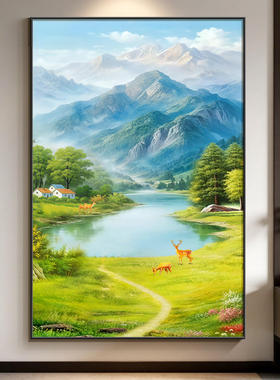 聚宝盆山水画玄关装饰画流水生财