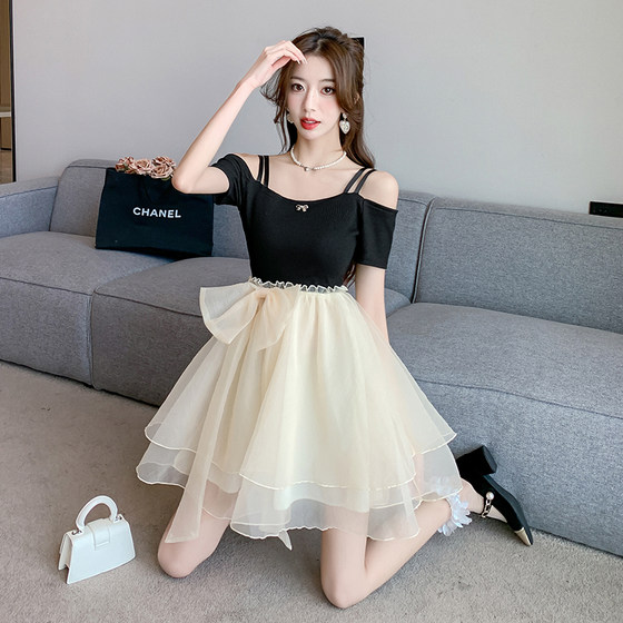 2023 New Puffy Short Skirt French Super Fairy Pure Desire Slim Suspender High Waist Skirt Bow Design Mesh Skirt