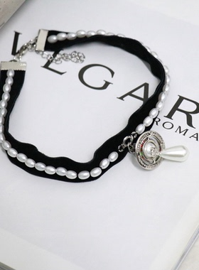 西太后同款丝绒手工珍珠土星飞碟吊坠项链轻奢气质choker锁骨链女