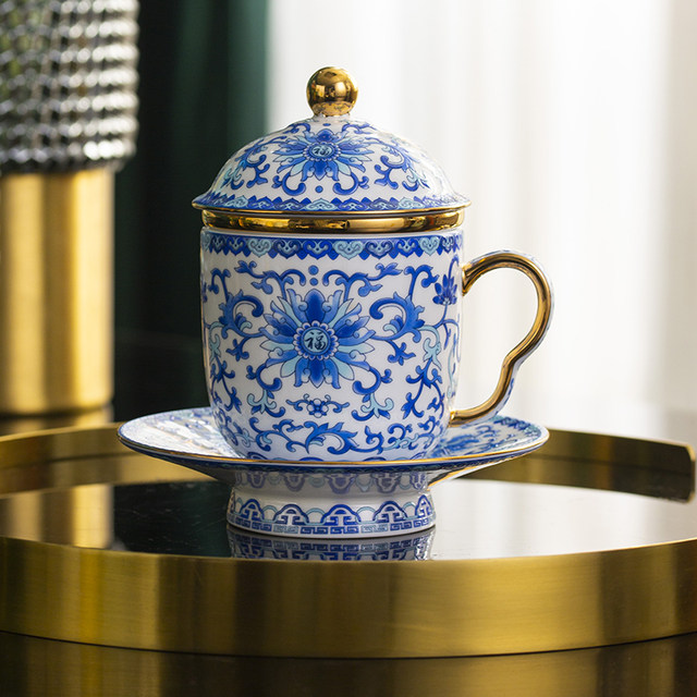 ຊຸດຈອກແມ່ບົດ lotus enamel ສີຟ້າແລະສີຂາວ