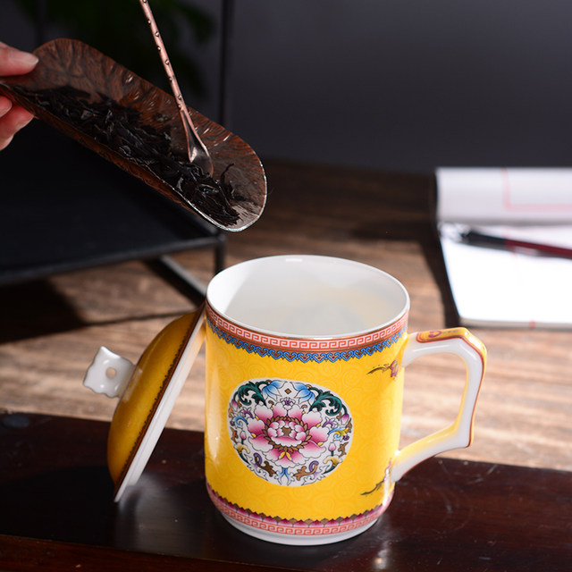 ຈອກຊາ Jingdezhen enamel ribbon lid ກະດູກຈີນຄົວເຮືອນ