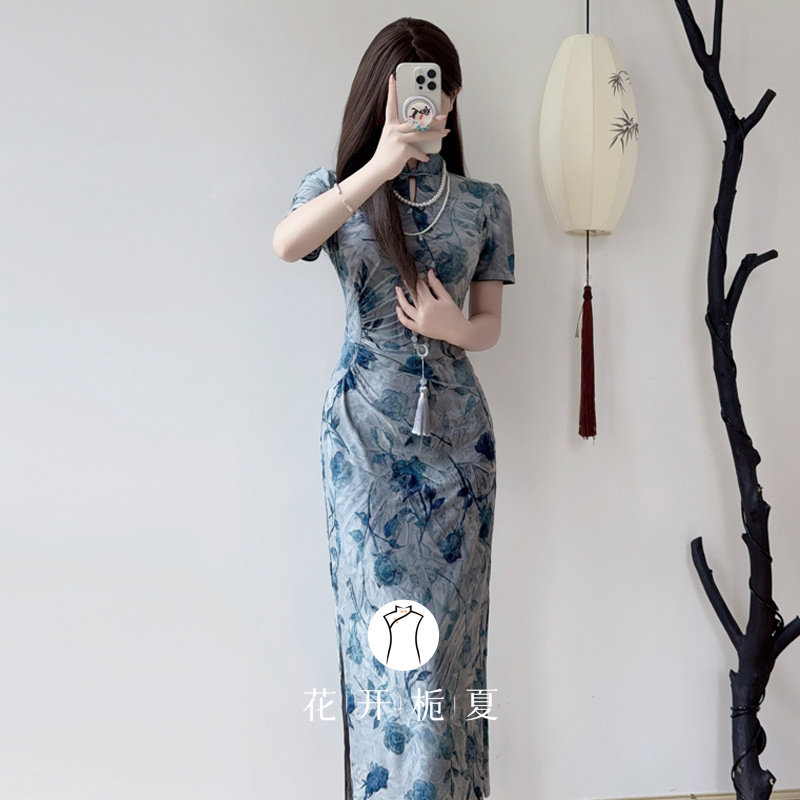 新中式国风蓝色素雅旗袍弹力修身显瘦2025巨好看少女连衣裙8/18,淘宝优惠券,粉丝福利购,淘宝优惠卷