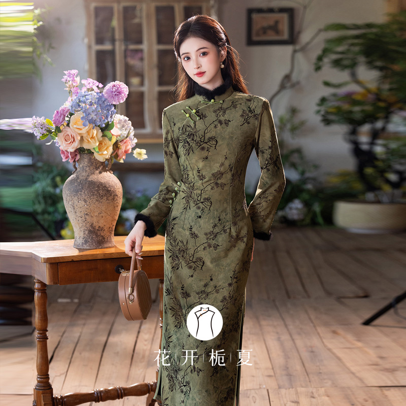 新中式秋冬旗袍长袖加绒加厚复古民国风高级感显瘦连衣裙10/24 - 图0