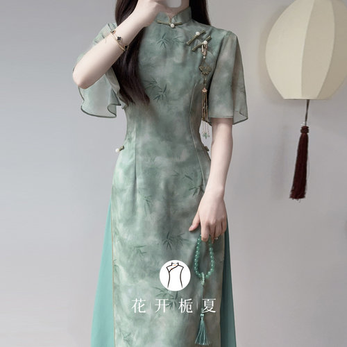《荡漾》绿色旗袍新中式国风改良年轻款少女奥黛连衣裙 - 图3