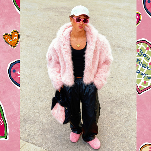 BUDDYBODY美式嘻哈宽松仿狐狸毛环保皮草粉色短款连帽毛毛外套 - 图0