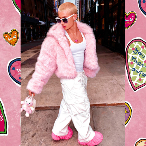 BUDDYBODY美式嘻哈宽松仿狐狸毛环保皮草粉色短款连帽毛毛外套 - 图1