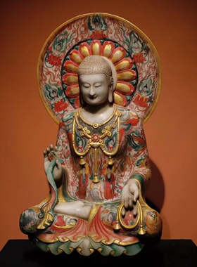 北齐 汉白玉彩绘 佛像 满彩绘佛像，工艺精美 高80cm宽45cm 厚30c