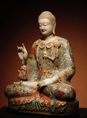 北齐 汉白玉彩绘佛像 满彩绘佛像，工艺精美 高67cm 宽47cm 厚36c