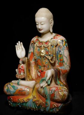 北齐 汉白玉彩绘 佛像 工艺精美 法相庄严 高68cm 宽48cm 厚38cm