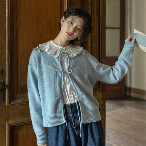 LLANO蓝铃花绑带钩花奶奶开衫复古针织温柔风毛衣上衣外套女早秋 - 图2