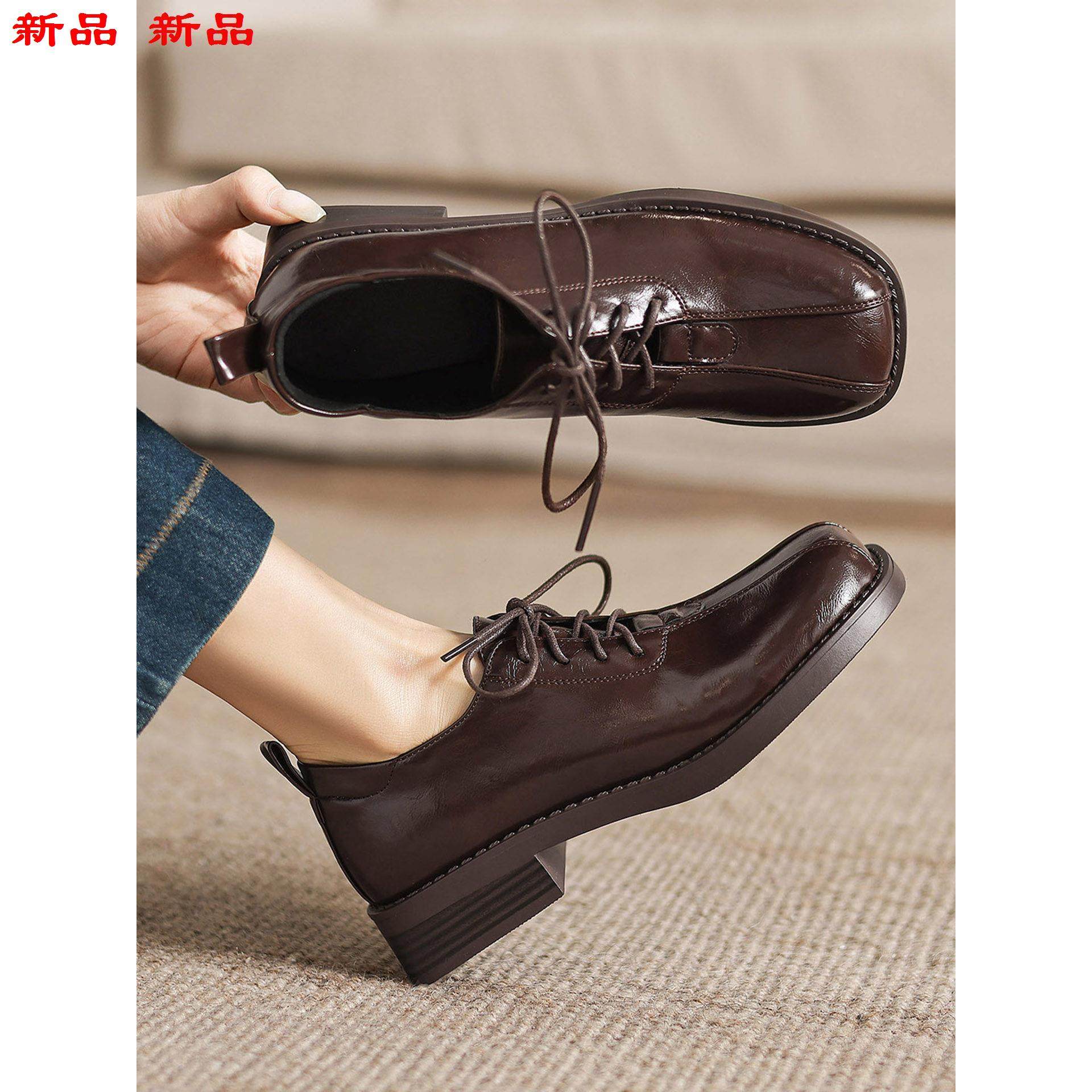 小皮鞋女低单鞋41到43深口粗风方头英伦大码春秋跟女鞋系带跟复古,淘宝优惠券,粉丝福利购,淘宝优惠卷