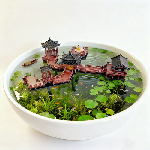 国风亭子带灯栈道中式摆件水陆缸造景餐桌沙盘装饰莲花池微景观 - 图2
