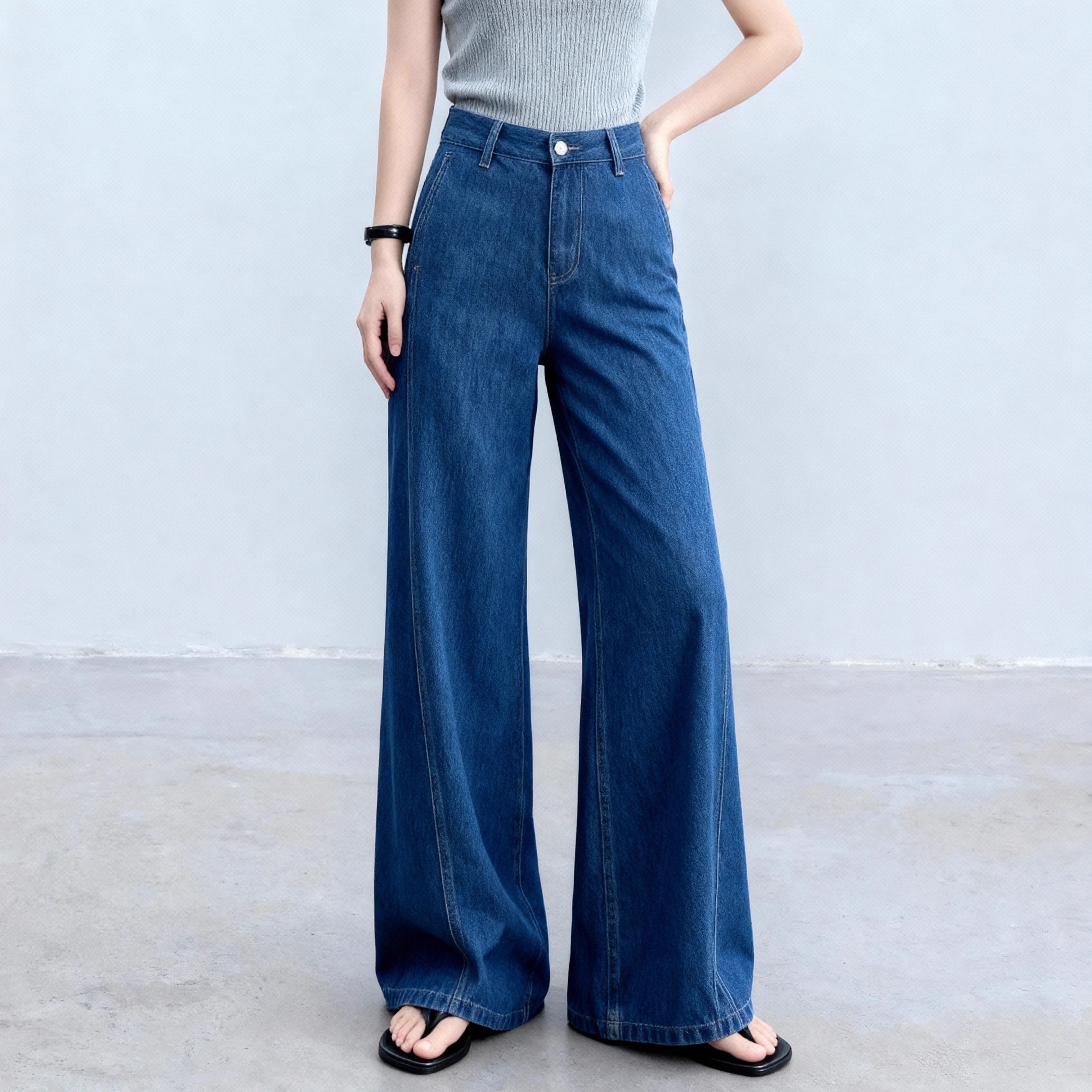 2025新款复古高腰韩国蓝色阔腿牛仔裤女显瘦百搭直筒长裤 - 图1