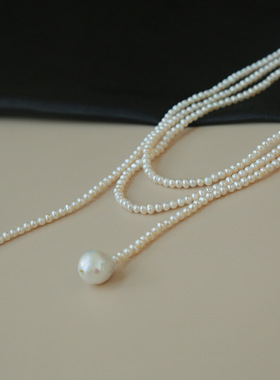 3-4mm淡水小珍珠10mm巴洛克珍珠120cm百搭时尚长款项链毛衣链女