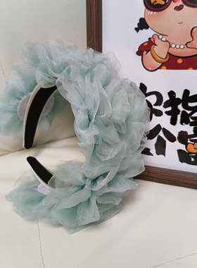 森系风紫色绢纱花朵发箍带齿度假风发卡宽版压发外出头箍高级感仙