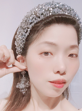 原创手缝灰色水晶发箍宽边压发女