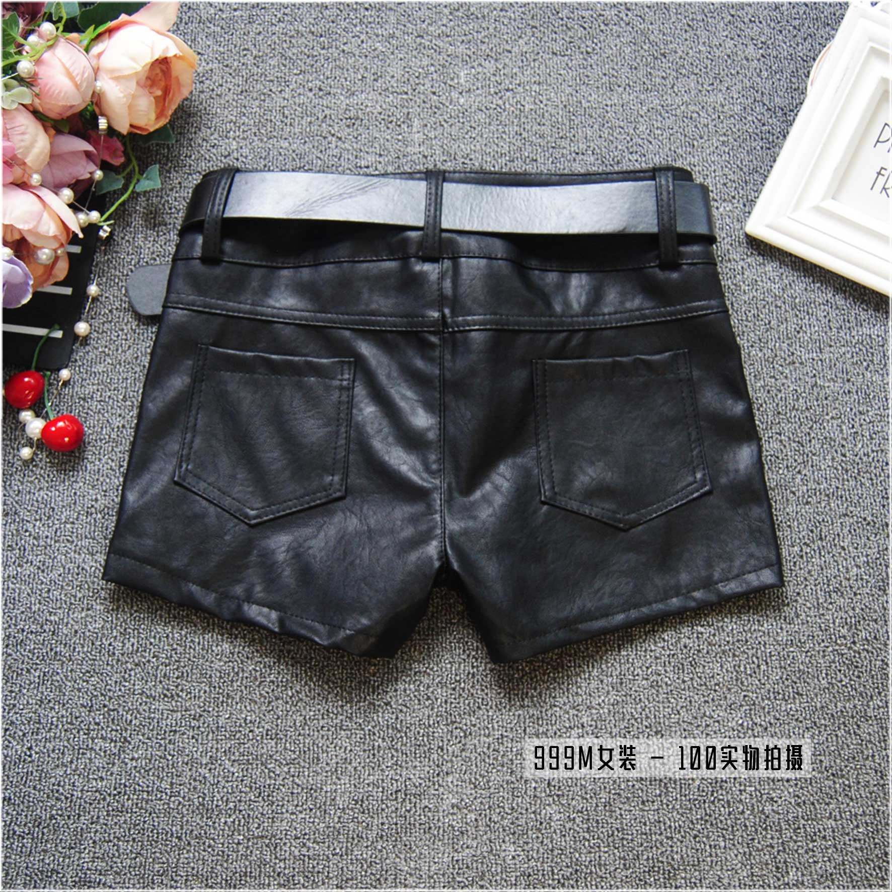 秋冬新款女装修身显瘦皮草仿兔毛拼接PU皮短裤女皮裤 百搭靴裤潮,淘宝优惠券,粉丝福利购,淘宝优惠卷