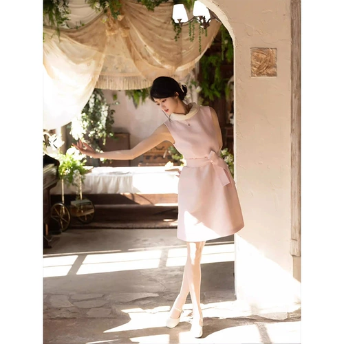 Розовое платье без рукавов, летняя юбка, французский стиль