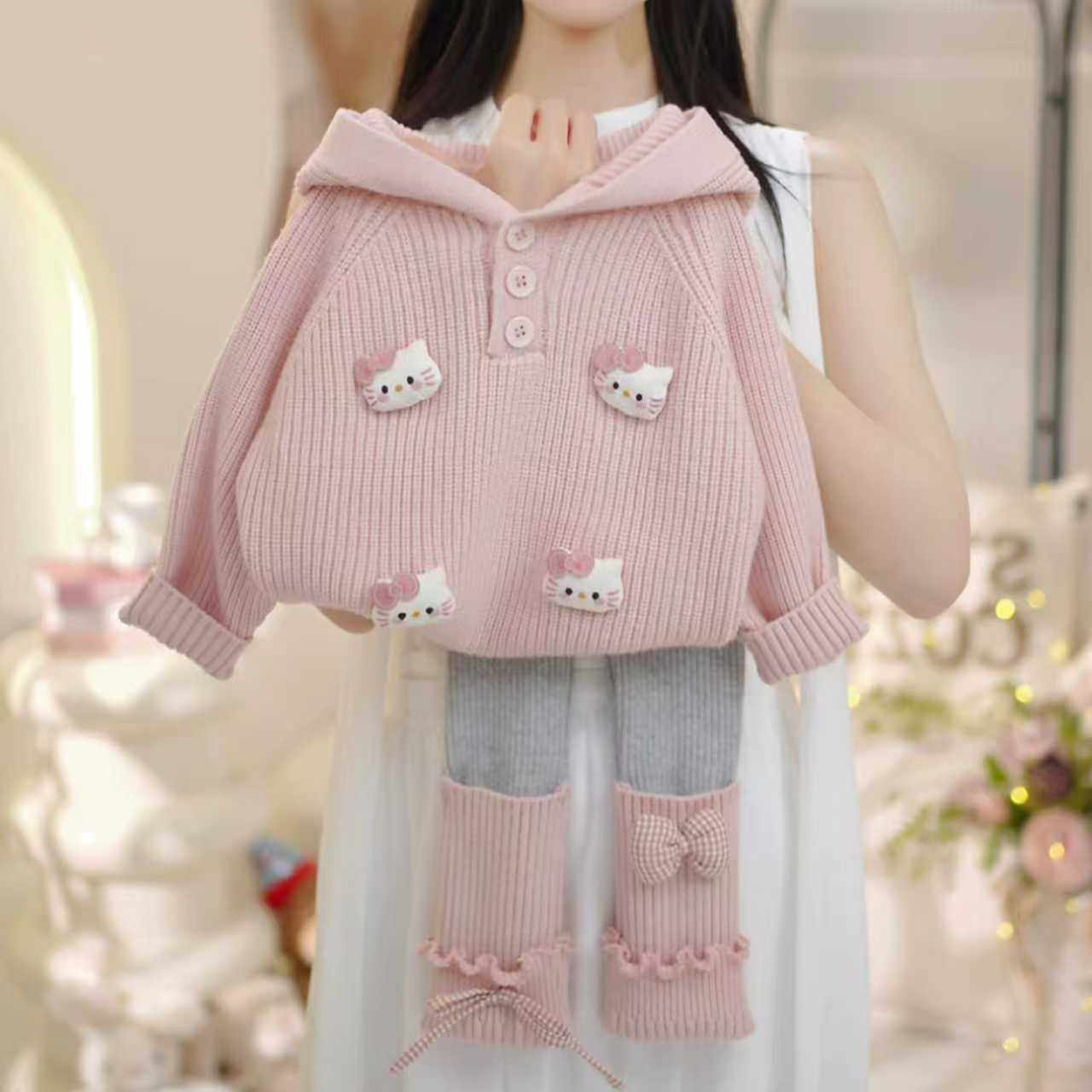 女童秋款套装2025新款韩版女宝宝连帽毛衣针织开衫打底裤两件套潮,淘宝优惠券,粉丝福利购,淘宝优惠卷