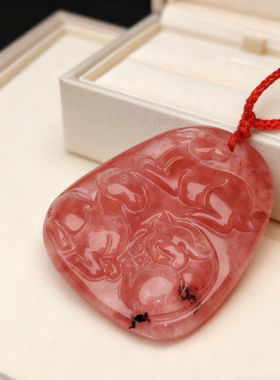 天然红兔毛水晶12生肖兔羊猪三合牌吊坠木局项链本命年吉祥物饰品