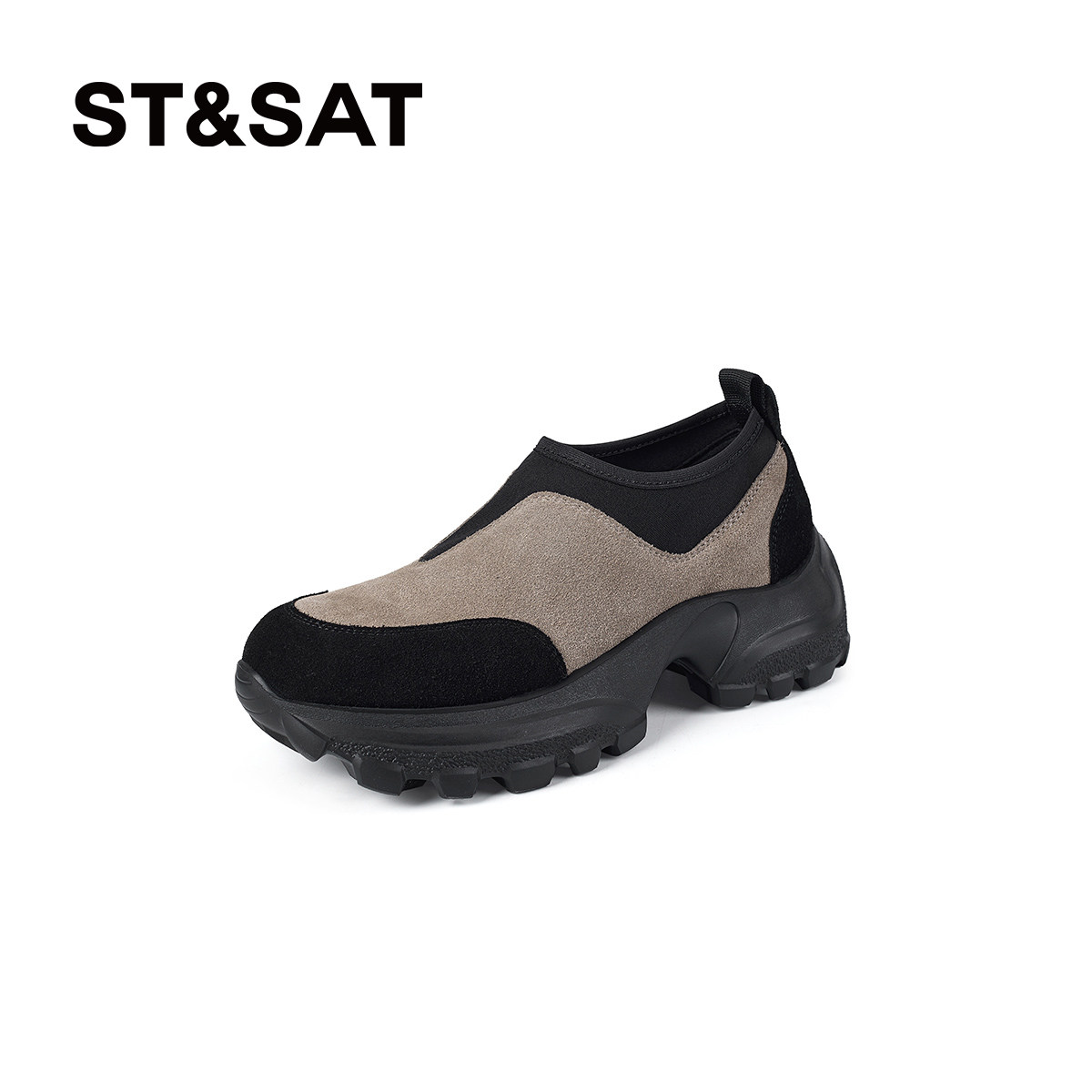 星期六2026新款女休闲鞋舒适厚底粗跟一脚蹬圆头拼接深口女单鞋,淘宝优惠券,粉丝福利购,淘宝优惠卷