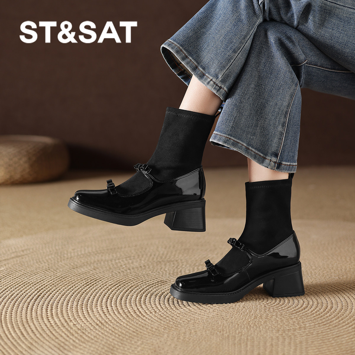 星期六玛丽珍短靴女冬2026新款法式方头马丁靴弹力袜靴粗跟瘦瘦靴,淘宝优惠券,粉丝福利购,淘宝优惠卷