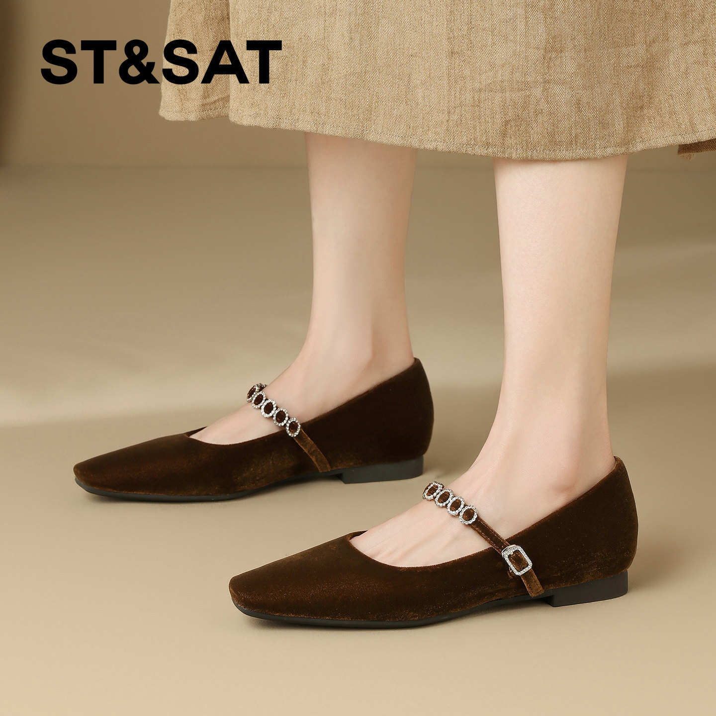 星期六赫本风丝绒玛丽珍鞋女春季新款闪钻一字扣方头平底单鞋,淘宝优惠券,粉丝福利购,淘宝优惠卷