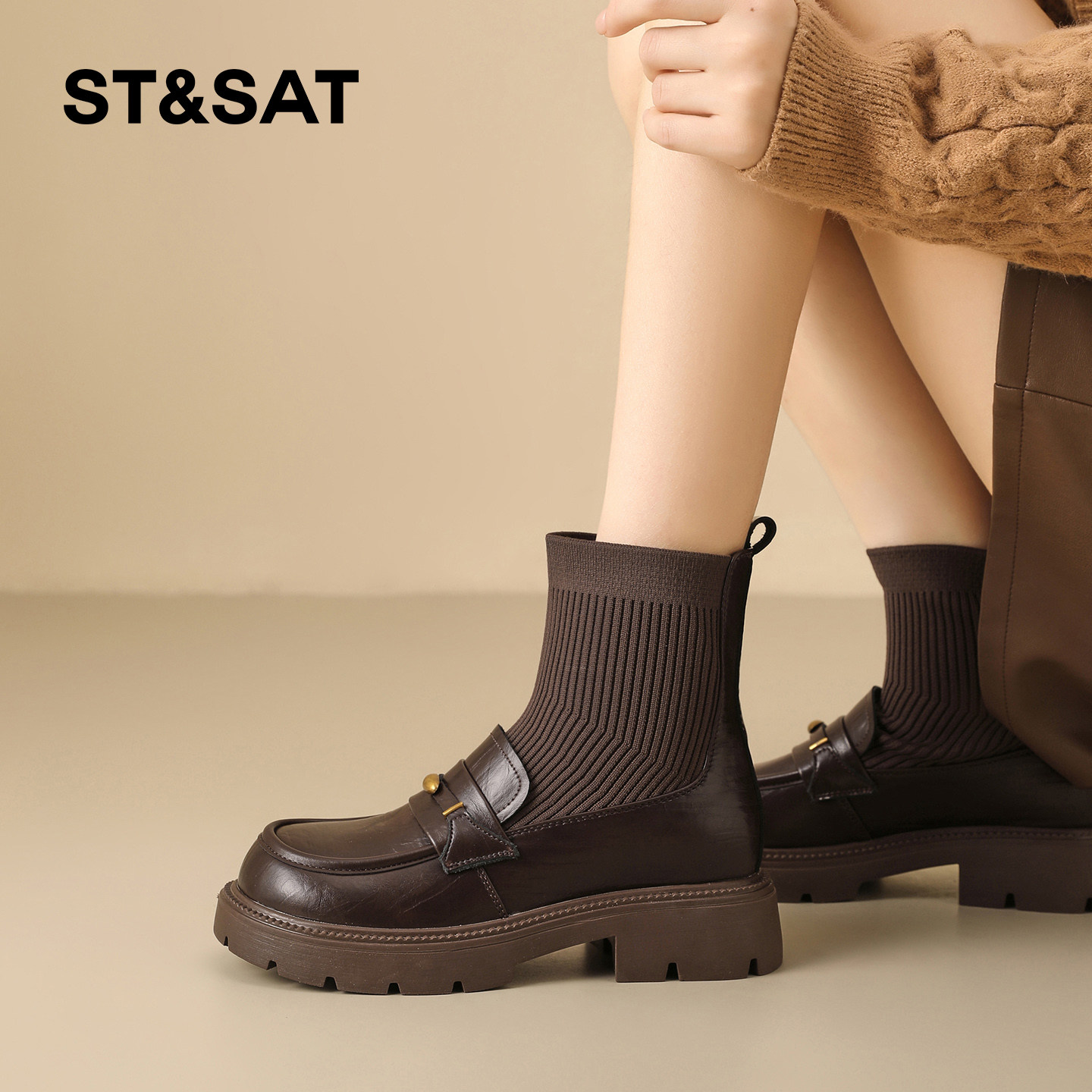 星期六厚底针织弹力靴女2025新款冬季粗跟短靴子英伦风乐福连袜靴,淘宝优惠券,粉丝福利购,淘宝优惠卷