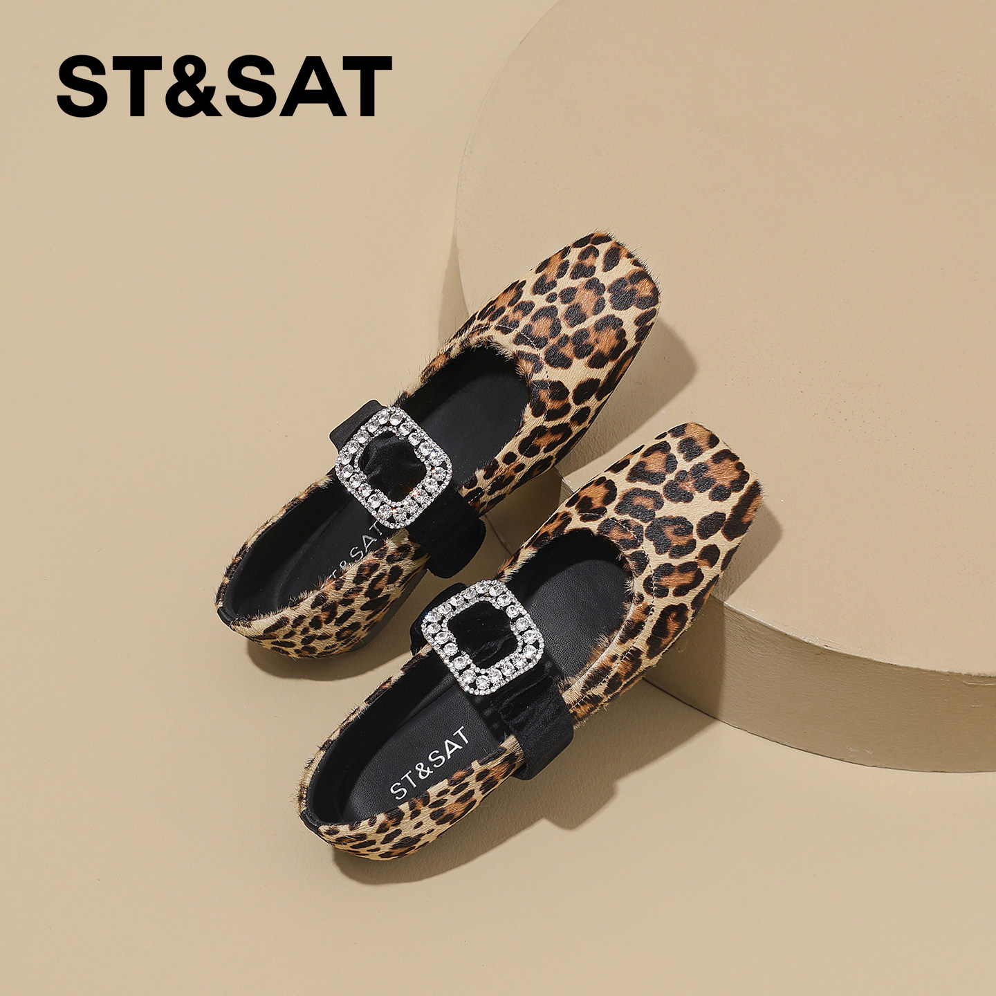 星期六水钻豹纹性感浅口单鞋女2026春季新款方头平底马毛玛丽珍鞋,淘宝优惠券,粉丝福利购,淘宝优惠卷