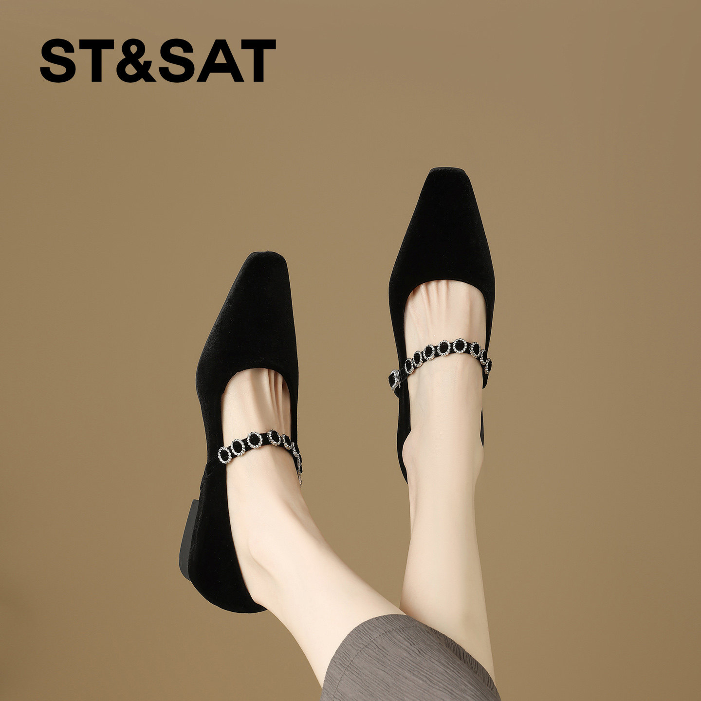 星期六赫本风丝绒玛丽珍鞋女春季新款闪钻一字扣方头平底单鞋,淘宝优惠券,粉丝福利购,淘宝优惠卷