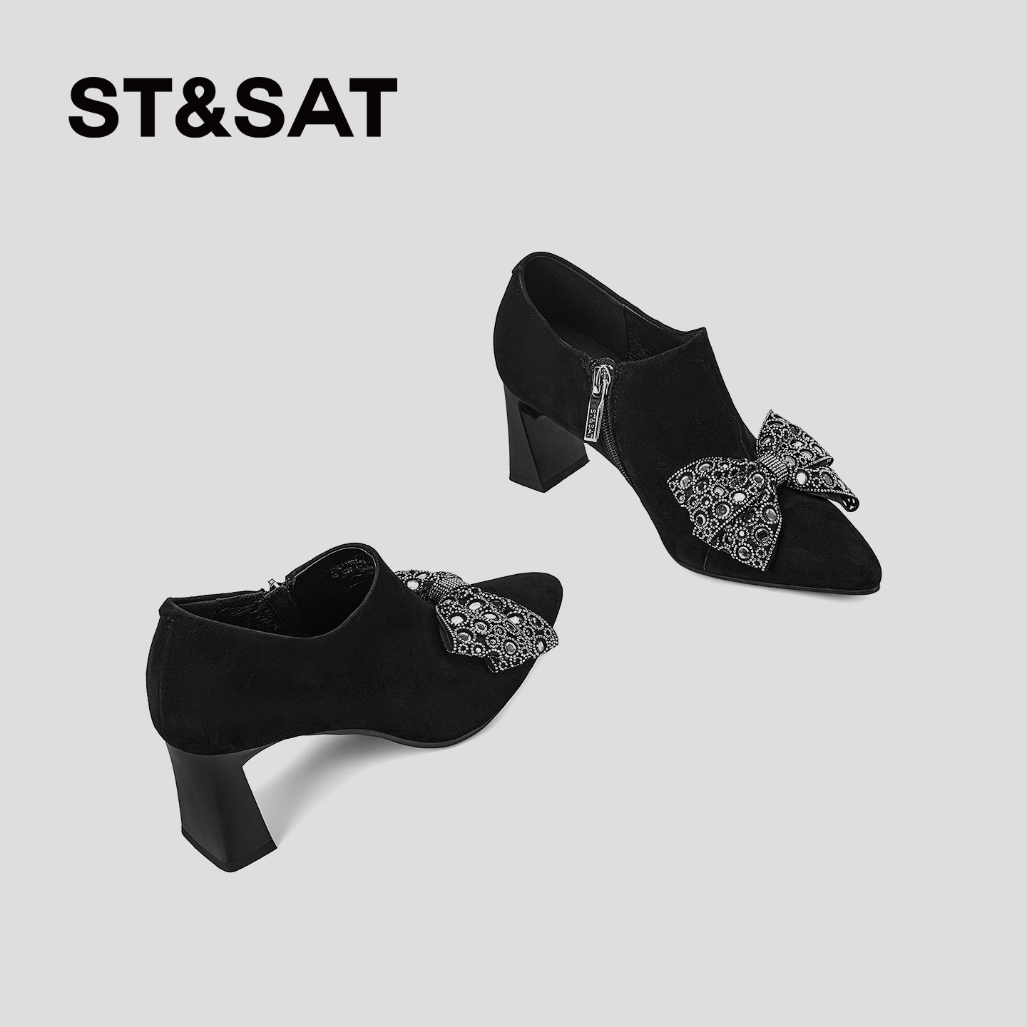 星期六深口单鞋女春季新款羊猄皮蝴蝶结高跟鞋尖头粗跟拉链小皮鞋,淘宝优惠券,粉丝福利购,淘宝优惠卷