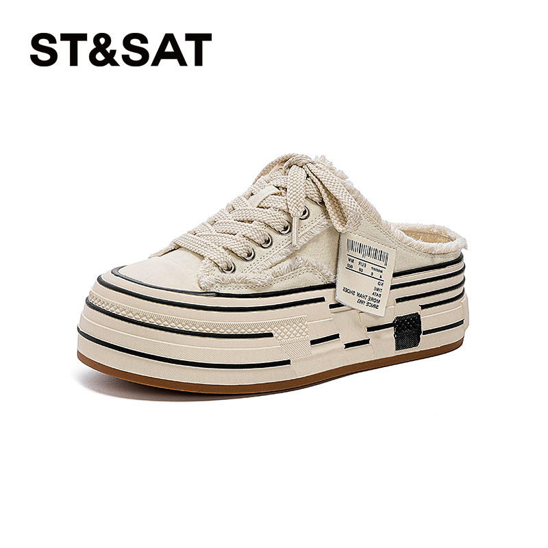 星期六夏季外穿厚底半拖帆布鞋女款新款超火一脚蹬松糕小白鞋拖鞋