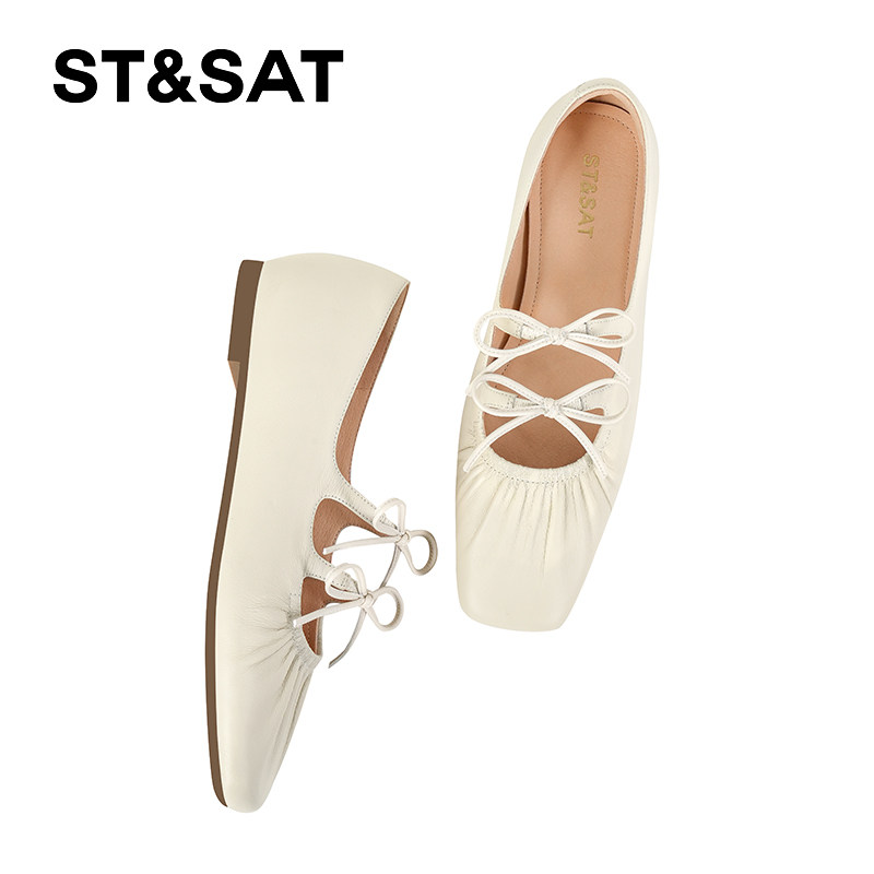 星期六休闲风褶皱蝴蝶结奶奶鞋女2025年春季新款方头平底玛丽珍鞋,淘宝优惠券,粉丝福利购,淘宝优惠卷