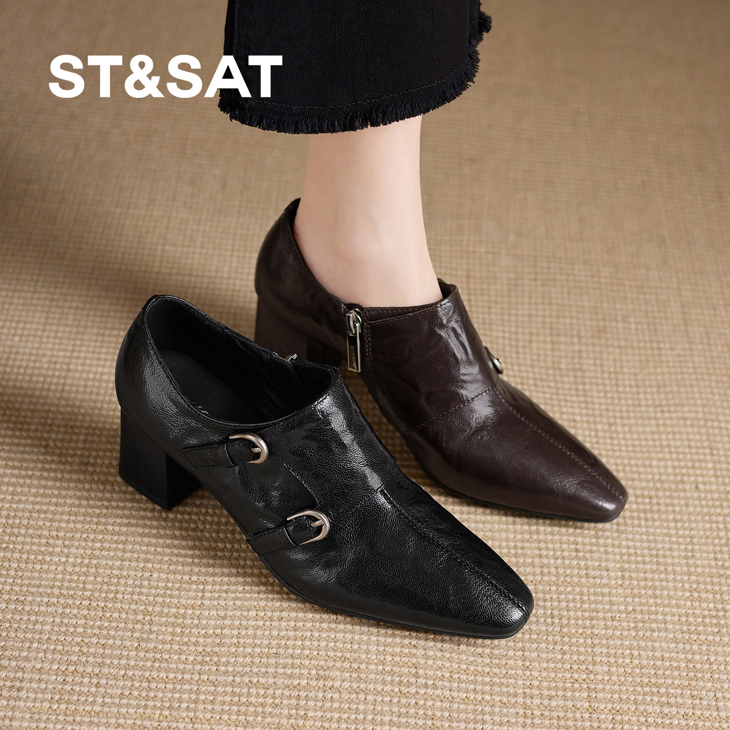 星期六2026春秋新款高跟鞋女真皮粗跟复古拉链不累脚深口方头女鞋,淘宝优惠券,粉丝福利购,淘宝优惠卷
