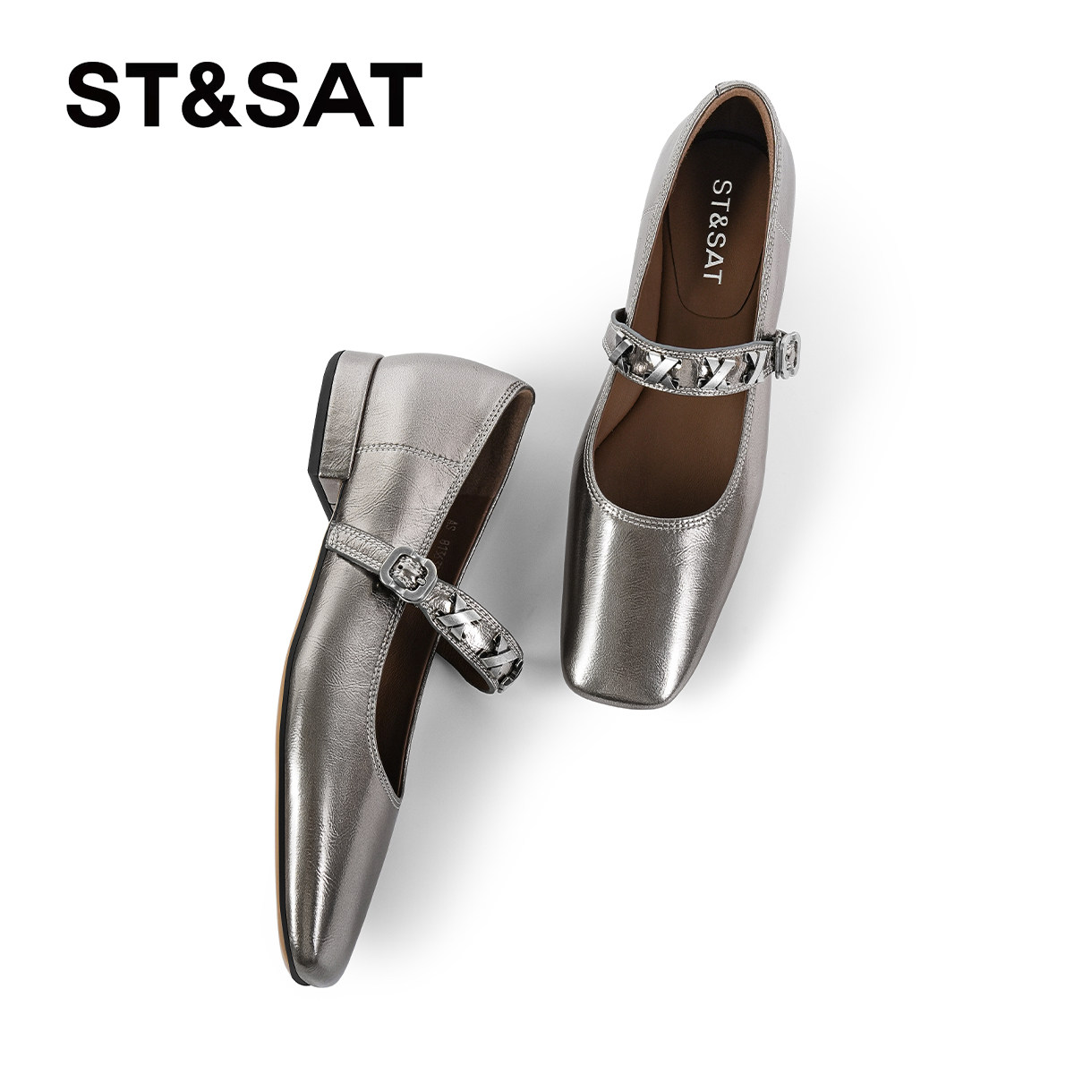 星期六棕色玛丽珍鞋女2025真皮方头浅口平底单鞋一字带法式小皮鞋,淘宝优惠券,粉丝福利购,淘宝优惠卷