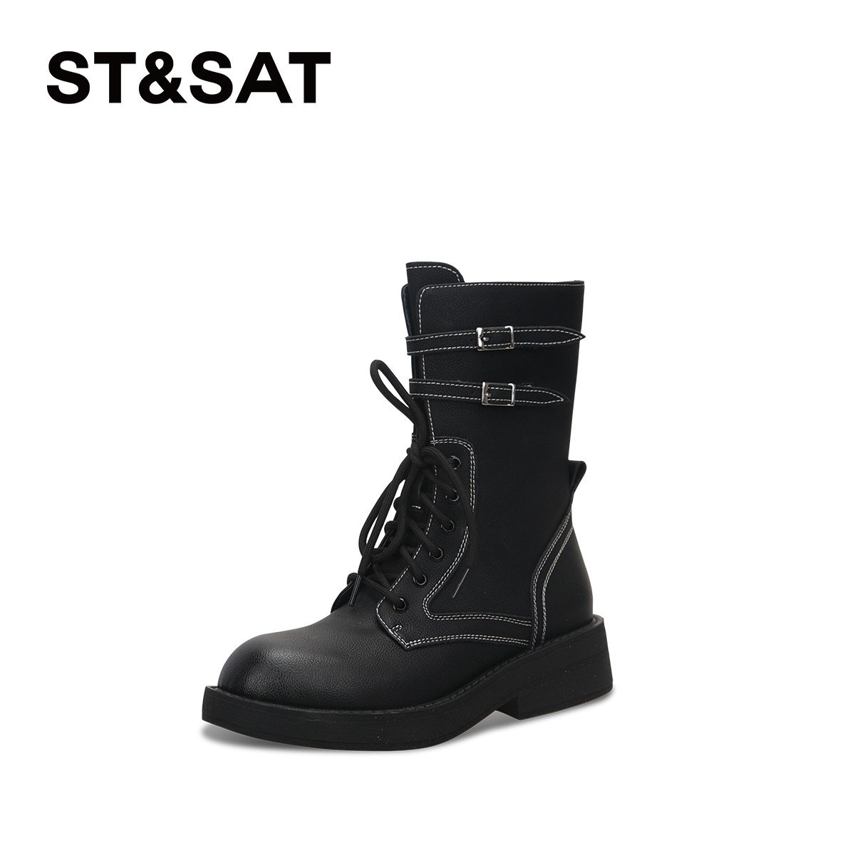 【牛皮】星期六复古英伦马丁靴25秋冬粗跟厚底皮带扣长筒骑士靴,淘宝优惠券,粉丝福利购,淘宝优惠卷