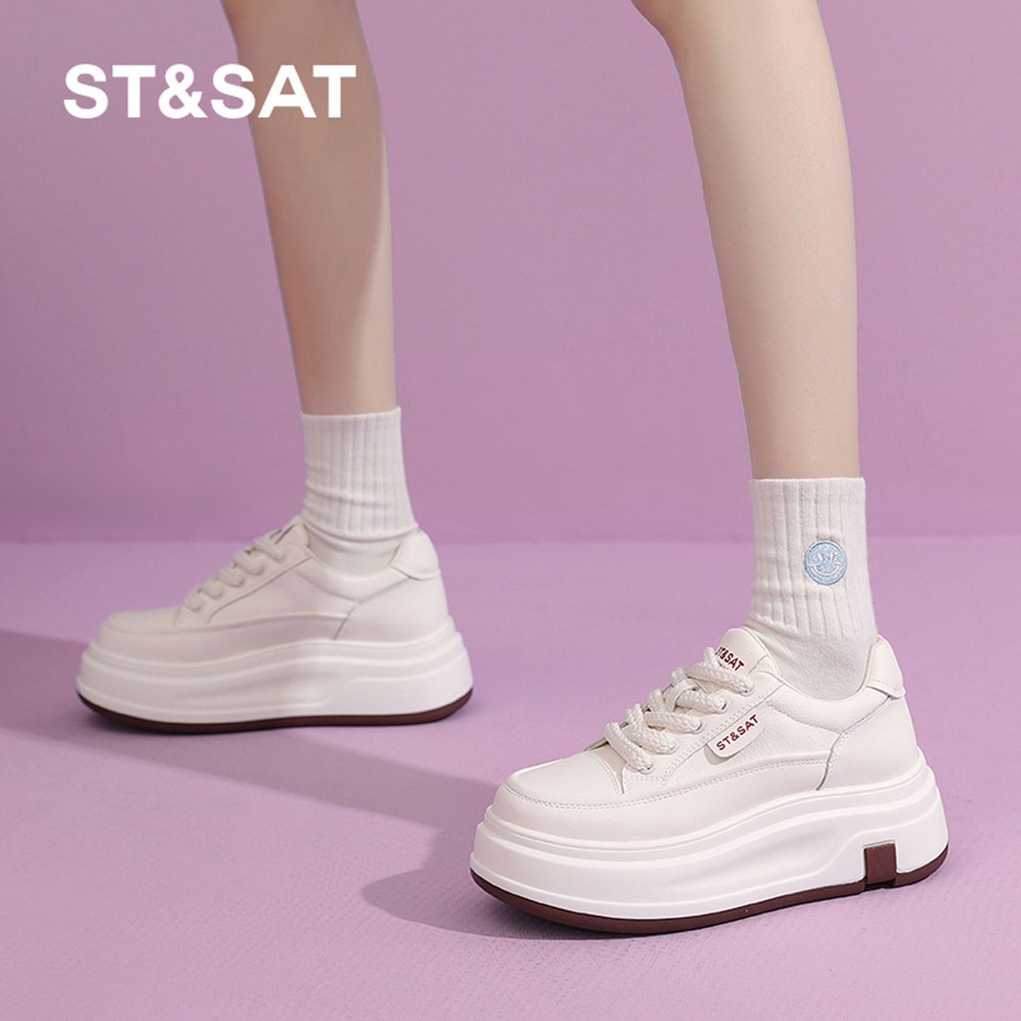 星期六真皮小白鞋女鞋春季厚底增高休闲板鞋松糕底轻便舒适运动鞋